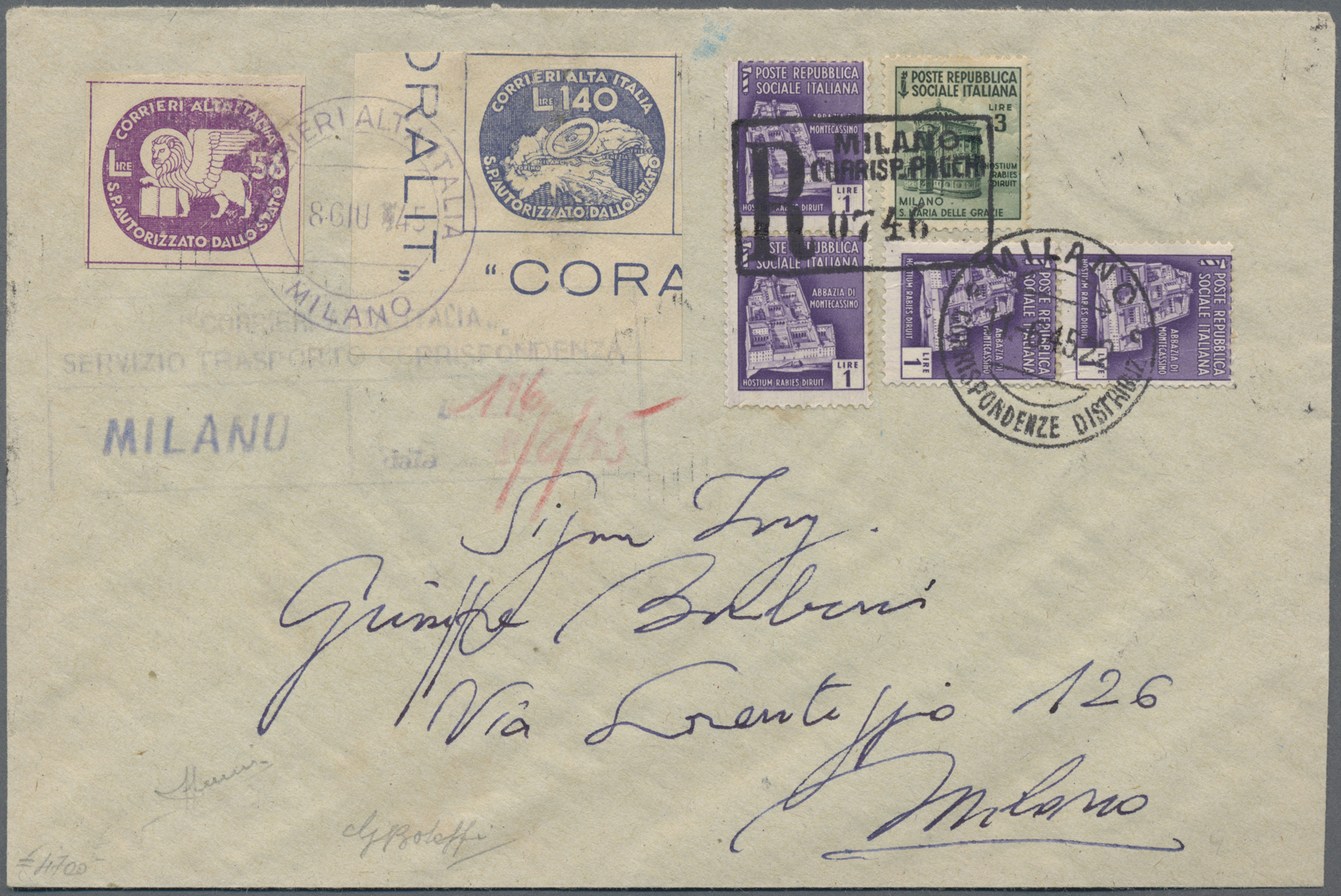 1945, Juni, Eingeschriebener Brief frankiert mit 2 Marken des privaten Postdienstleisters CORALIT, entwertet am 8. Juni 1945 in Mailand - 196 L Porto.