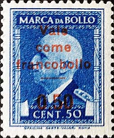 Marca da bollo sovrastampata Vale come francobollo - Effigie di Vittorio Emanuele III volta a sinistra