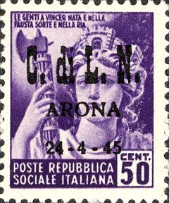 Serie monumenti distrutti sovrastampata C. di L.N. ARONA 24 - 4 - 45 - Italia repubblicana fascista