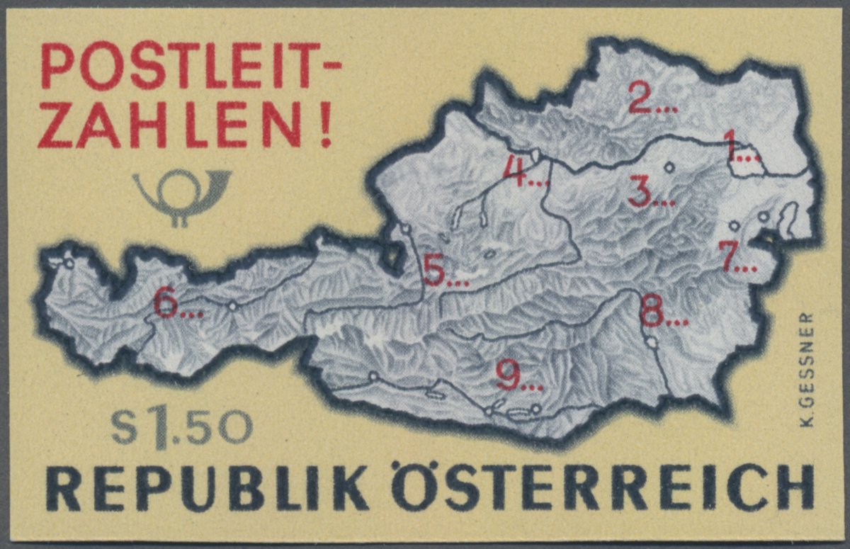 1966, 1, 50 S, Einführung der Postleitzahlen, Abbildung: Karte von Österreich mit Leitgebieten,