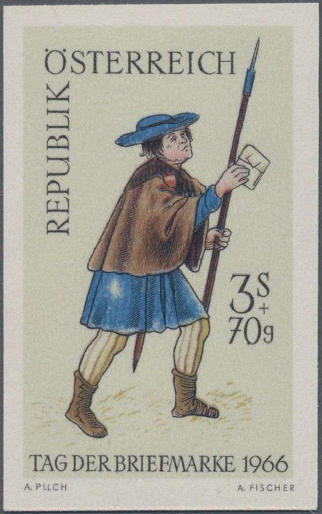 1966, 3 S + 70g Tag der Briefmarke, Illustration: Der Briefbote aus dem Ambraser Heldenbuch (um 1517)