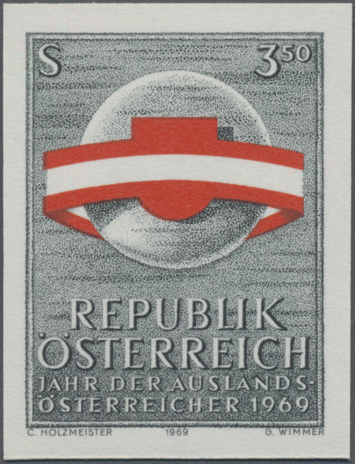 1969, 3, 50 S, Jahr der Auslands - Österreicher, Abbildung: Weltkugel von Flaggenband umschlungen