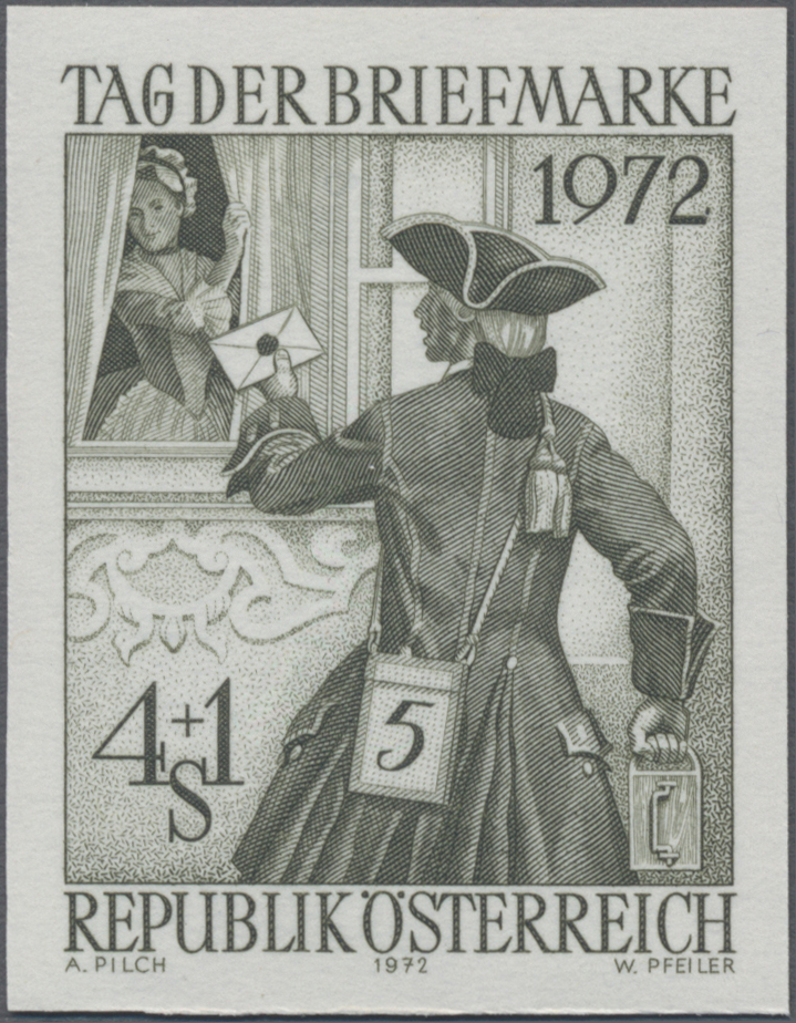 1972, 4 S + 1 S, Tag der Briefmarke, Abbildung: Briefträger der Klapperpost