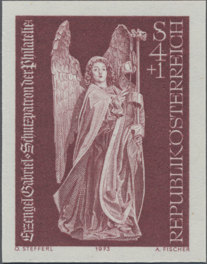 1973, 4 S + 1 S, Tag der Briefmarke, Abbildung: Erzengel Gabriel aus der Verkündigungsgruppe von Lorenz Luchsperger