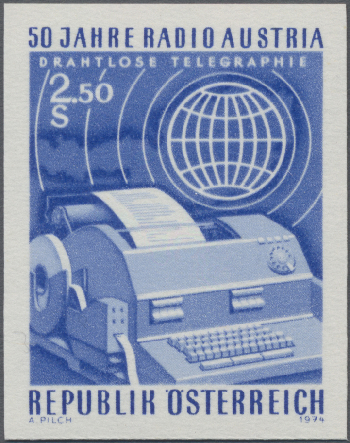 1974, 2, 50 S, 50 Jahre Radio Austria, Motiv: Fernschreiber, Weltkugel