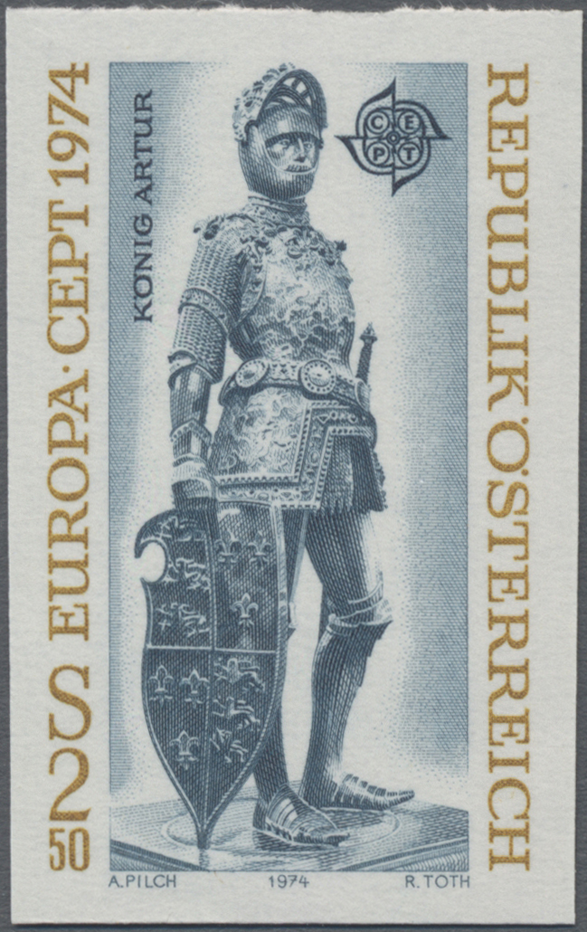1974, 2, 50 S, Europa CEPT, Motiv: Skulpturen, Abbildung: König Arthur von England, Bronzefigur von Albrecht Dürer und Peter Vischer