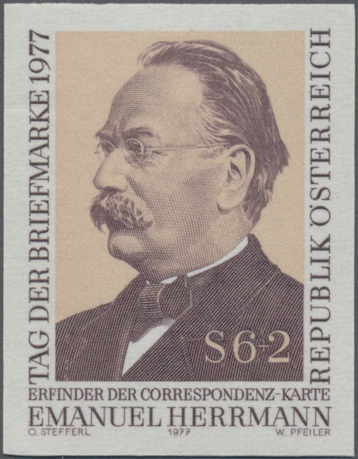 1977, 6 S + 2 S, Tag der Briefmarke, Abbildung: Emanuel Herrmann (1839 - 1902), Erfinder der Korrespondenzkarte