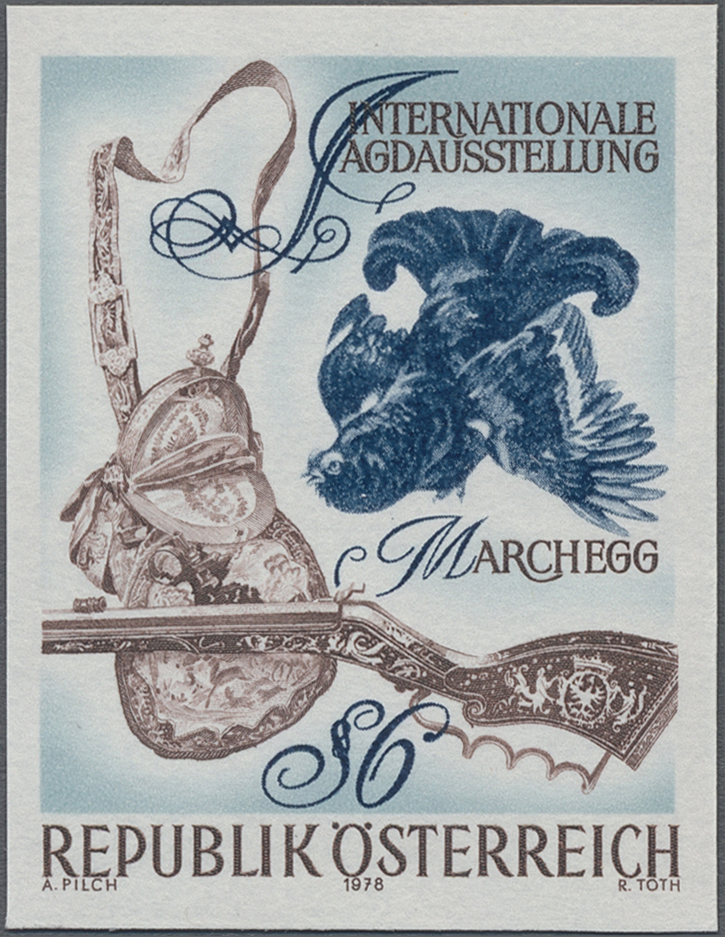 1977, 6 S, Internationale Jagdausstellung in Marchegg, Abbildung: Birkhahn, Jagdtasche, Gewehr