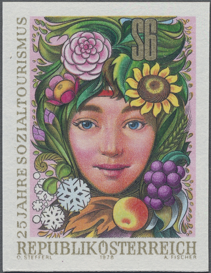 1978, 6 S, 25 Jahre Sozialtourismus, Abbildung: Mädchenkopf, von Blumen, Obst, Getreide, Gräsern und Eiskristallen umrahmt
