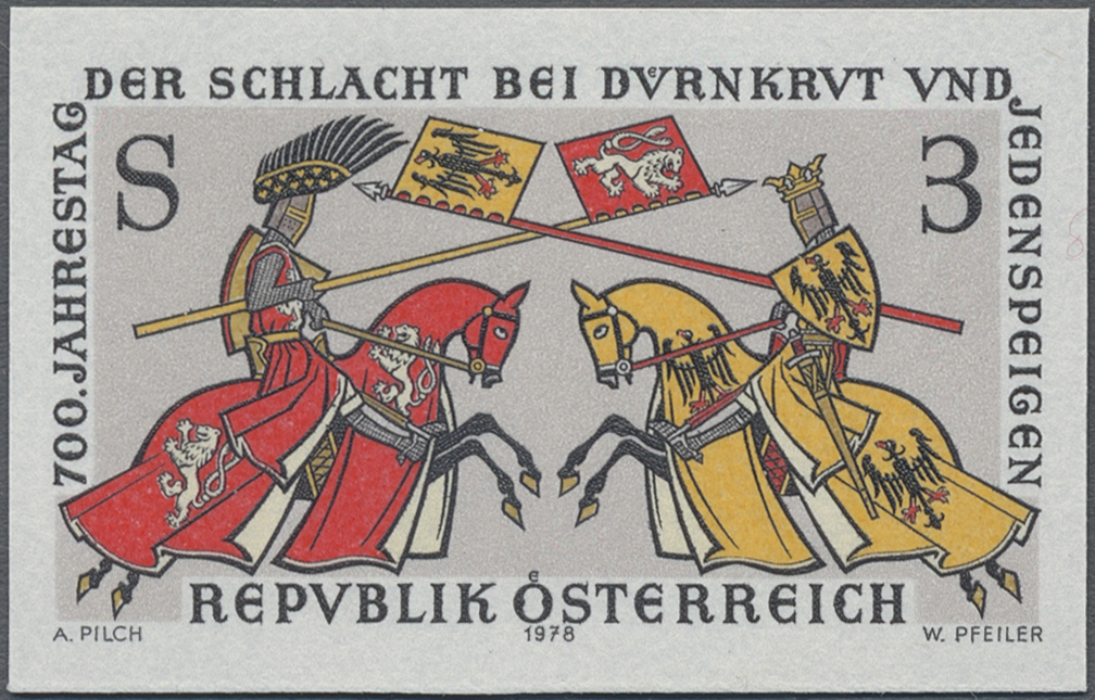1978, 3 S, 700. Jahrestag der Schlacht bei Dürnkrut und Jedenspeigen, Abbildung: König Ottokar von Böhmen und König Rudolf (von Habsburg) zu Pferde