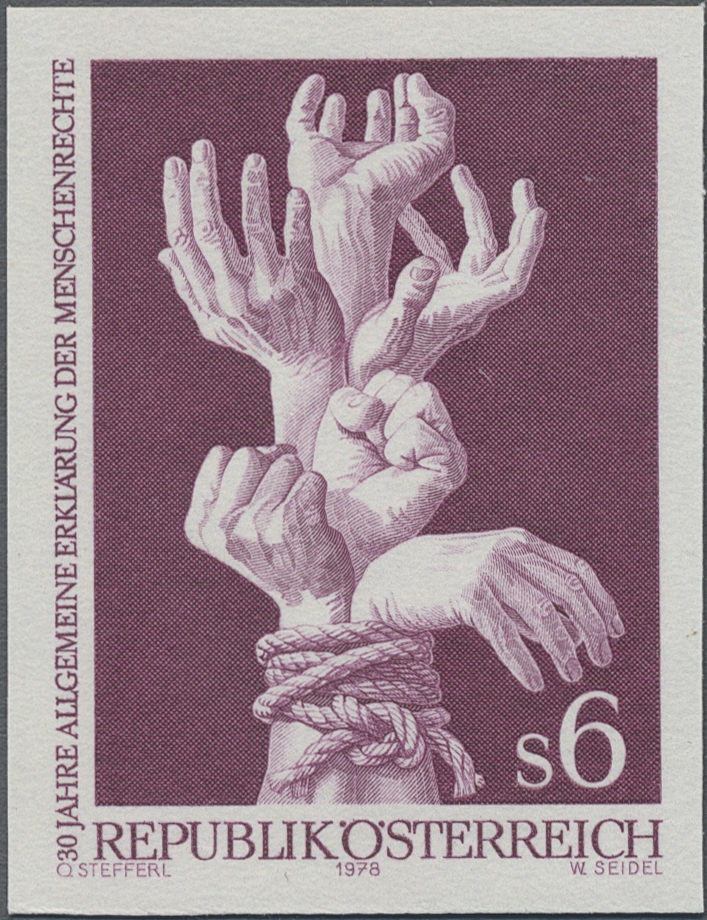 1978, 6 S, 30. Jahrestag der Allgemeinen Erklärung der Menschenrechte, Abbildung: gefesselte Hände