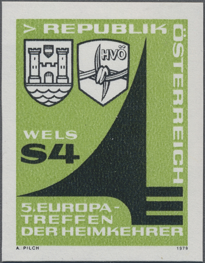 1979, 4 S, Europatreffen der Heimkehrer in Wels, Abbildung: u.a. Stadtwappen von Wels