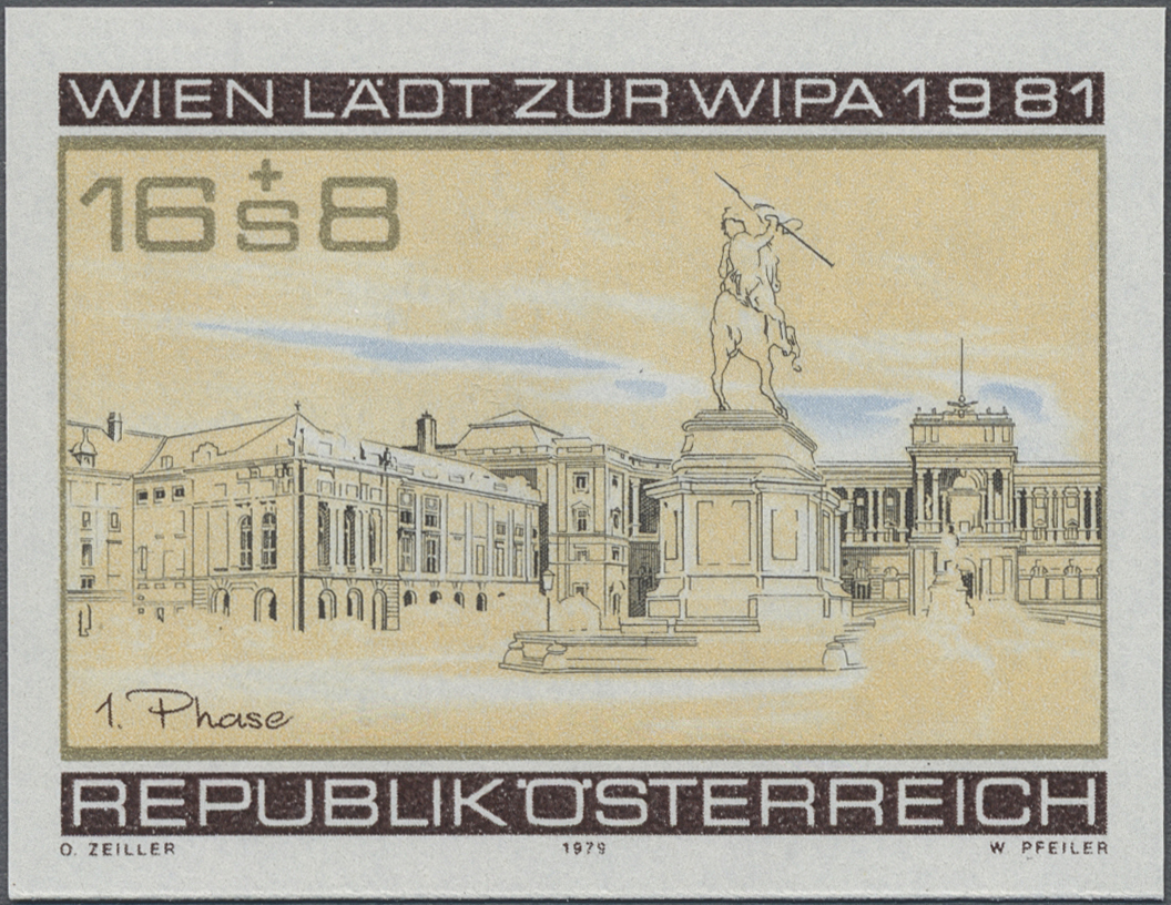 1979, 16 S + 8 S, Wien lädt ein zur WIPA, Abbildung: Heldenplatz Wien, Erzherzog - Karl - Denkmal, Neue Hofburg (1. Produktionsphase des Markenbildes)