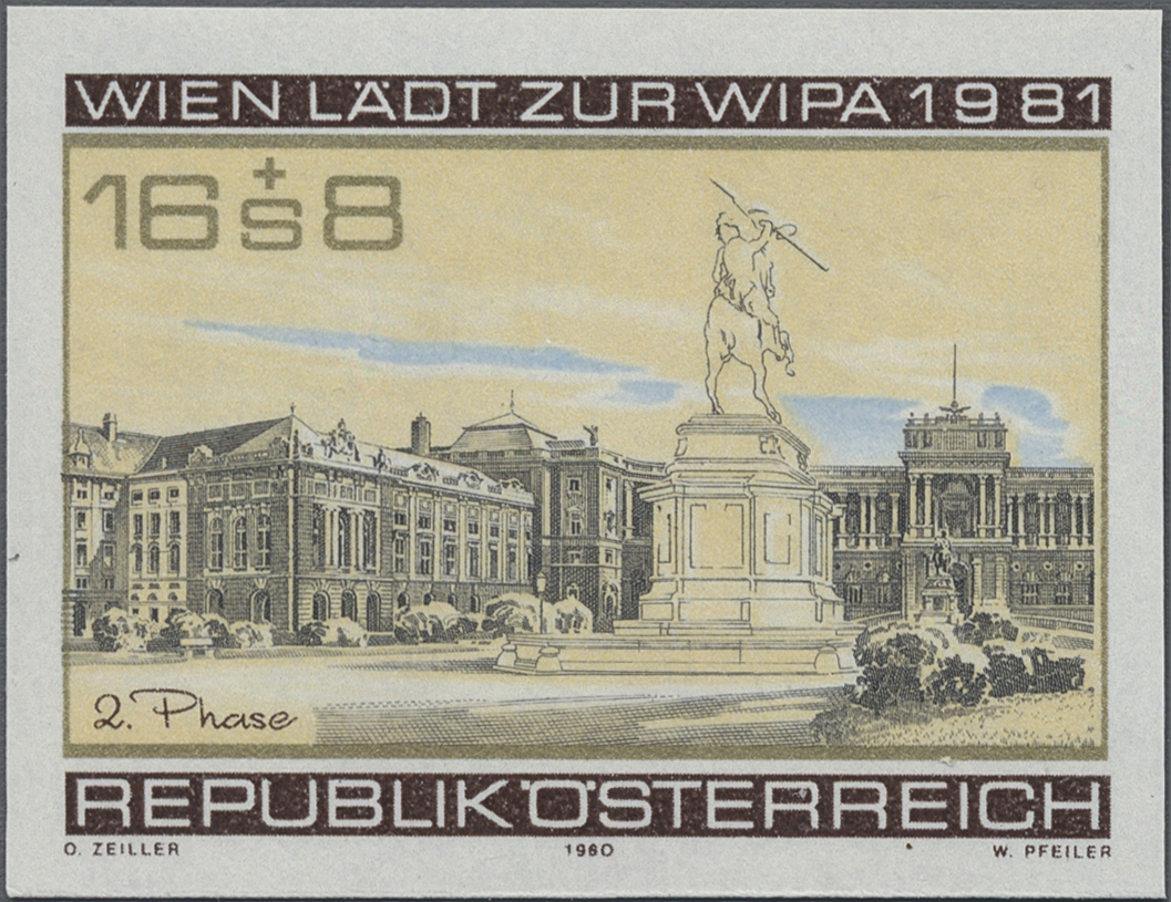 1980, 16 S + 8 S, Wien lädt ein zur WIPA, Abbildung: Heldenplatz Wien, Erzherzog - Karl - Denkmal, Neue Hofburg (2. Produktionsphase des Markenbildes)