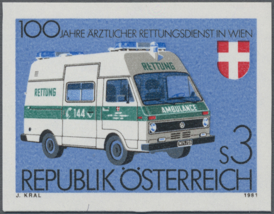 1981, 3 S, 100 Jahre ärztlicher Rettungsdienst in Wien, Abbildung: Krankenwagen
