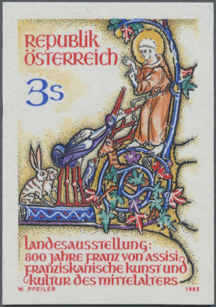 1982, 3 S, Niederösterreichische Landesausstellung: 800 Jahre Franz von Assisi, Abbildung: Vogelpredigt des hl. Franz von Assisi (1182–1226), Ordensgründer (Buchmalerei)