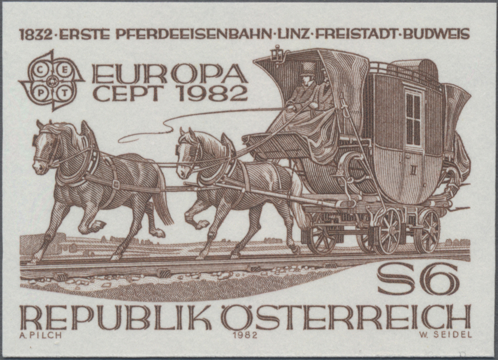 1982, 6 S Europa CEPT, Abbildung: Erste Pferde - Eisenbahn Linz - Freistadt - Budweis (1832)