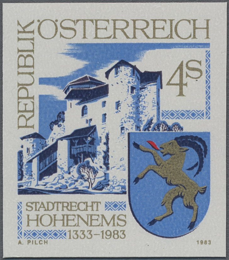 1983, 4 S, 550 Jahre Stadtrecht für Hohenems, Abbildung: Burg Glopper, Stadtwappen (mit Steinbock)