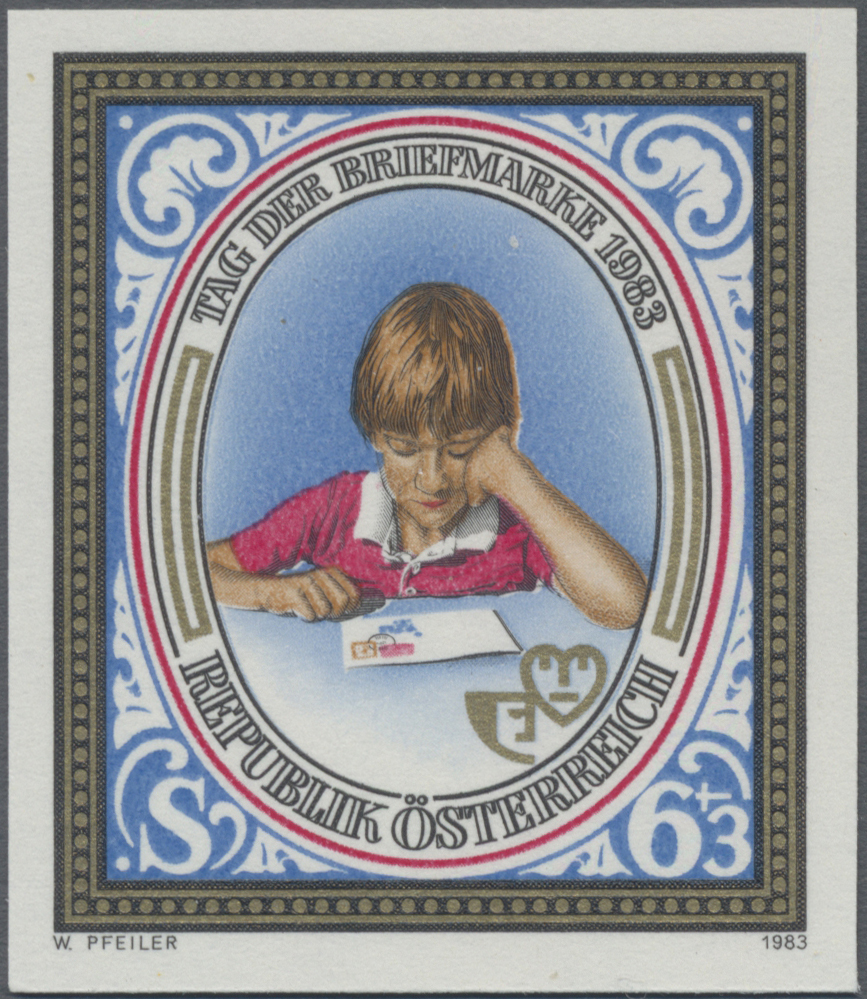 1983, 6 S + 3 S, Tag der Briefmarke, Abbildung: Kind betrachtet Briefkuvert