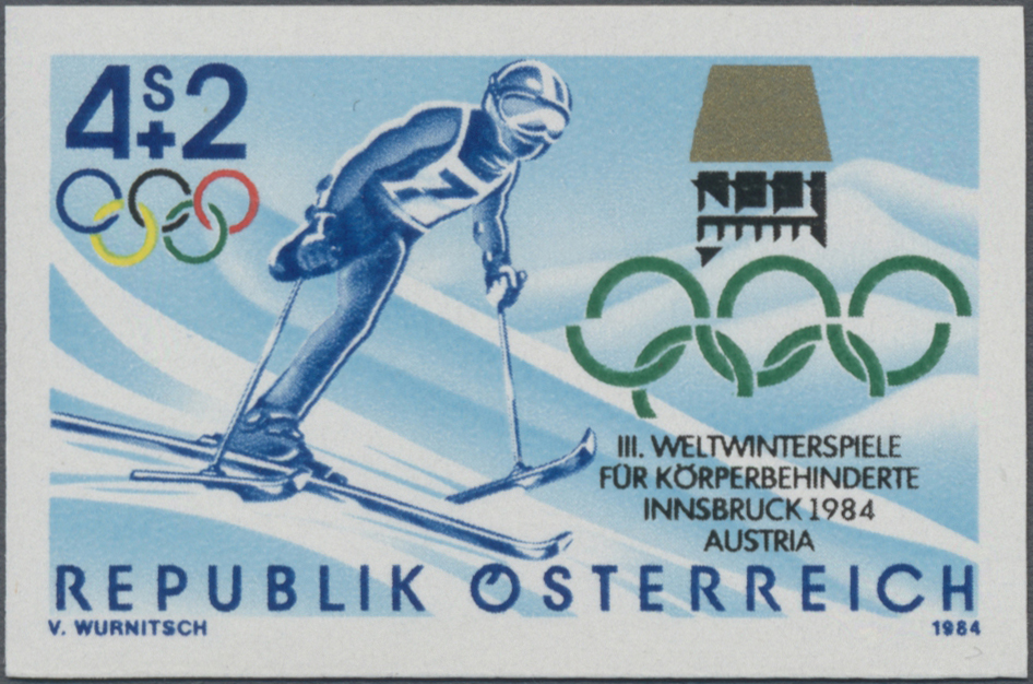 1984, 4 S + 2 S, III. Weltwinterspiele für Körperbehinderte, Motiv: Beinamputierter Abfahrtsläufer