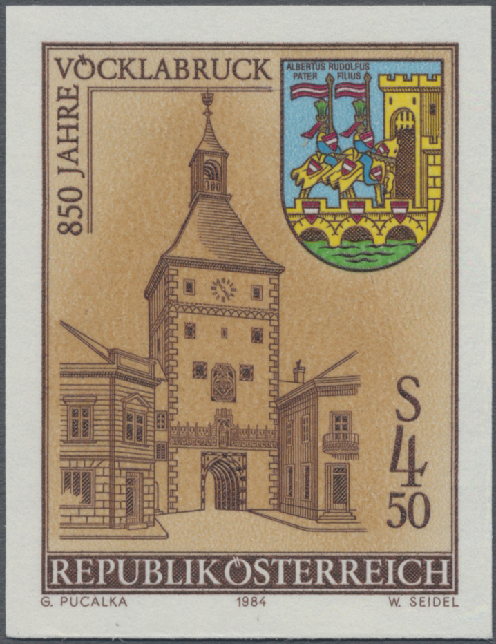 1984, 4, 50 S, 850 Jahre Stadt Vöcklabruck, Abbildung: Unterer Stadtturm, Stadtwappen