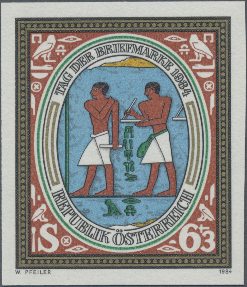 1984, 6 S + 3 S, Tag der Briefmarke, Abbildung: Schreiber und Briefbote auf einem Gemälde aus der Grabkammer Sechemnoferrs III. (um 2420 v. Chr.)
