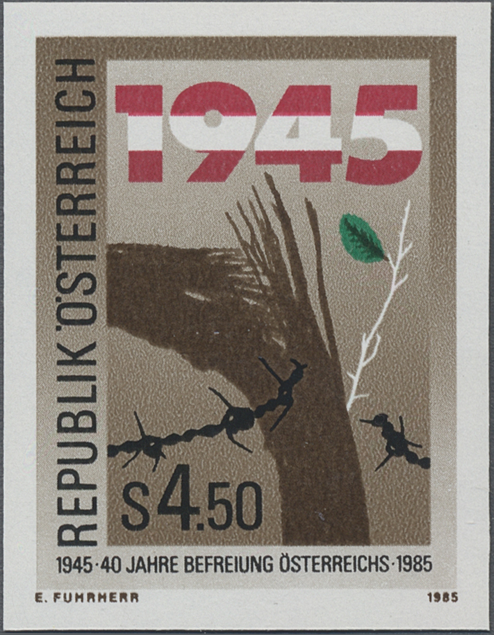 1985, 4, 50 S, 40. Jahrestag der Befreiung Österreichs, Abbildung: Geknickter Baumstamm mit neuem Trieb, zerrissener Stacheldraht