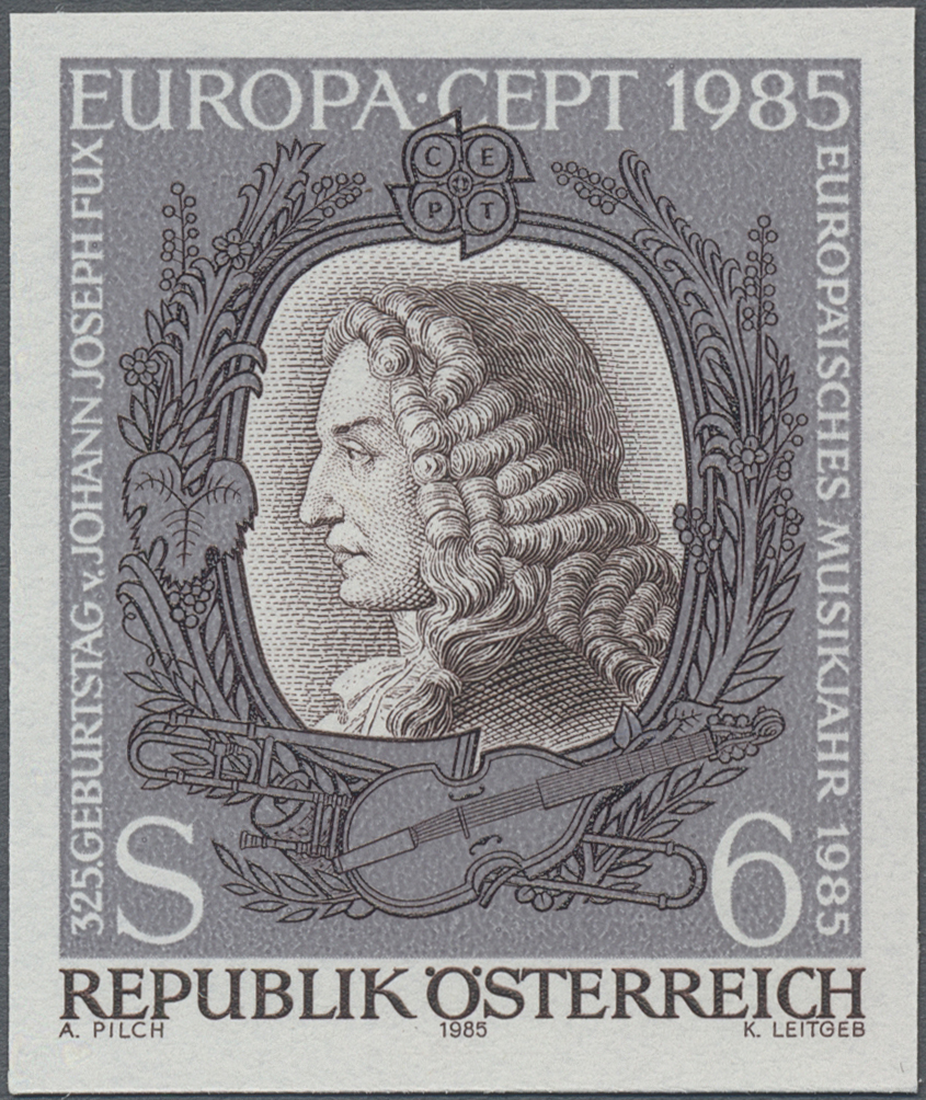 1985, 6 S, Europa CEPT: Europäisches Jahr der Musik, Motiv: 325. Geburtstag von Johann Joseph Fux (1660 - 1741), Komponist und Musiktheoretiker