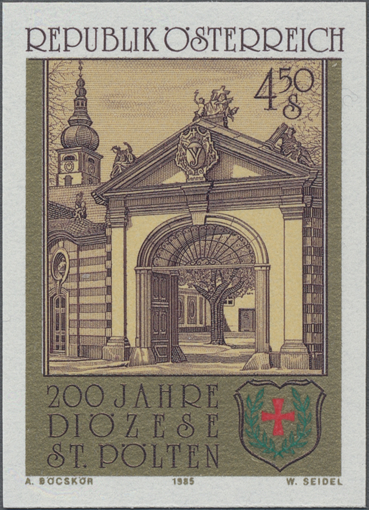 1985, 4, 50 S, 200 Jahre Diözese St. Pölten, Abbildung: Bischofstor der bischöflichen Residenz und Diözesanwappen