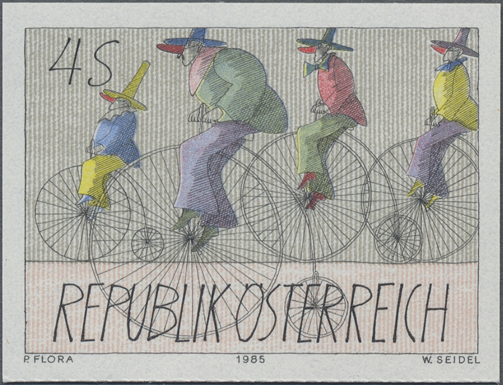 1985, 4 S, Moderne Kunst - Hochradfahrende Karnevalsfiguren, Zeichnung von Paul Flora (1922 - 2009)