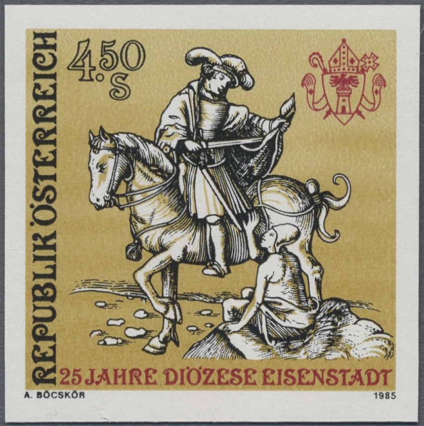 1985, 4, 50 S, 25 Jahre Diözese Eisenstadt, Abbildung: Hl. Martin, Schutzpatron des Burgenlandes, zu Pferde, teilt Mantel