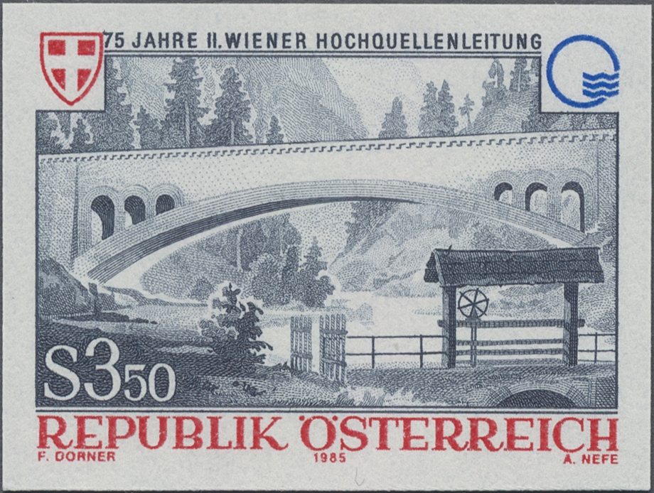 1985, 3, 50 S, 75 Jahre 2. Wiener Hochquellenwasserleitung, Abbildung: Aquädukt über den Hundsaubach im Steinbachtal bei Göstling