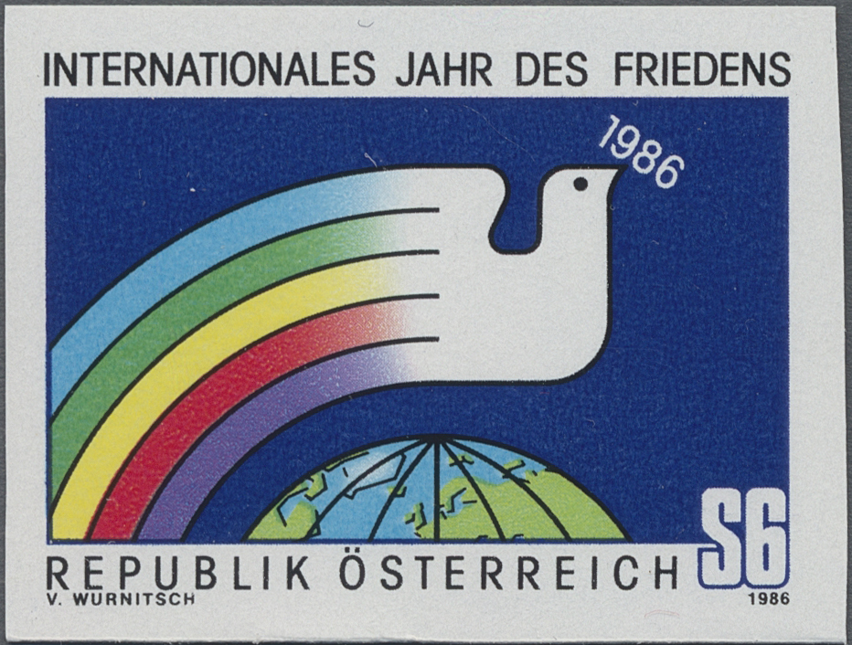 1986, 6 S, Internationales Jahr des Friedens, Motiv: Friedenstaube, Regenbogen, Erdkugel