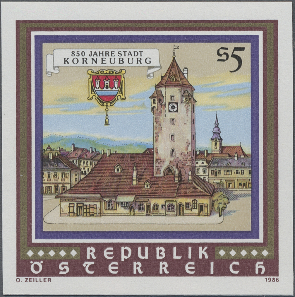 1986, 5 S, 850 Jahre Stadt Korneuburg, Abbildung: Stadtansicht von Korneuburg mit Stadtwappen