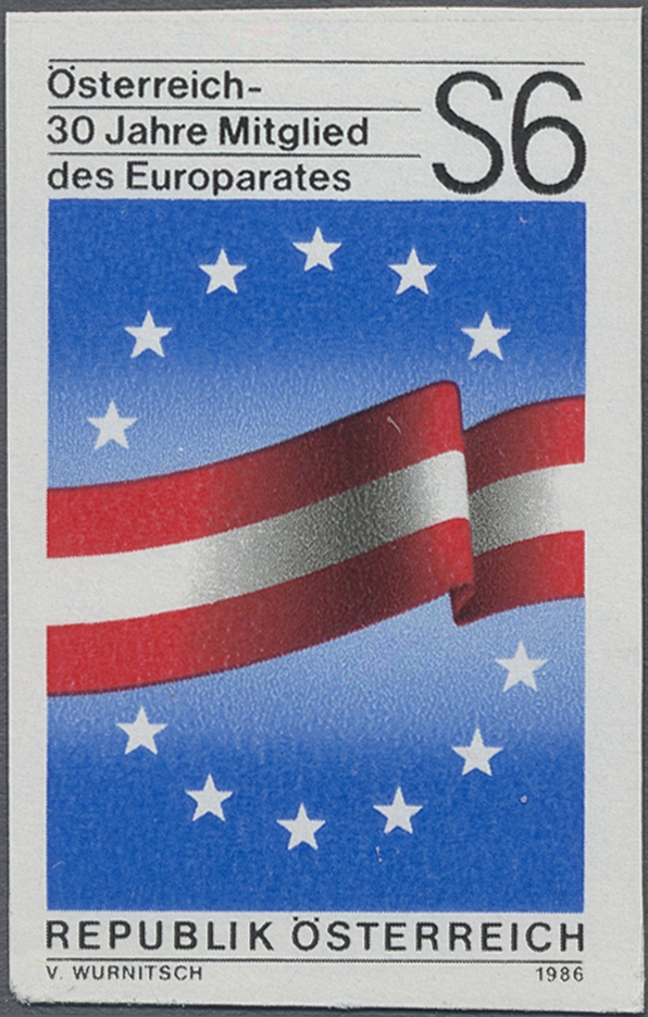 1986, 6 S, 30 Jahre Mitgliedschaft im Europarat, Abbildung: Landesflagge und Europarat - Emblem