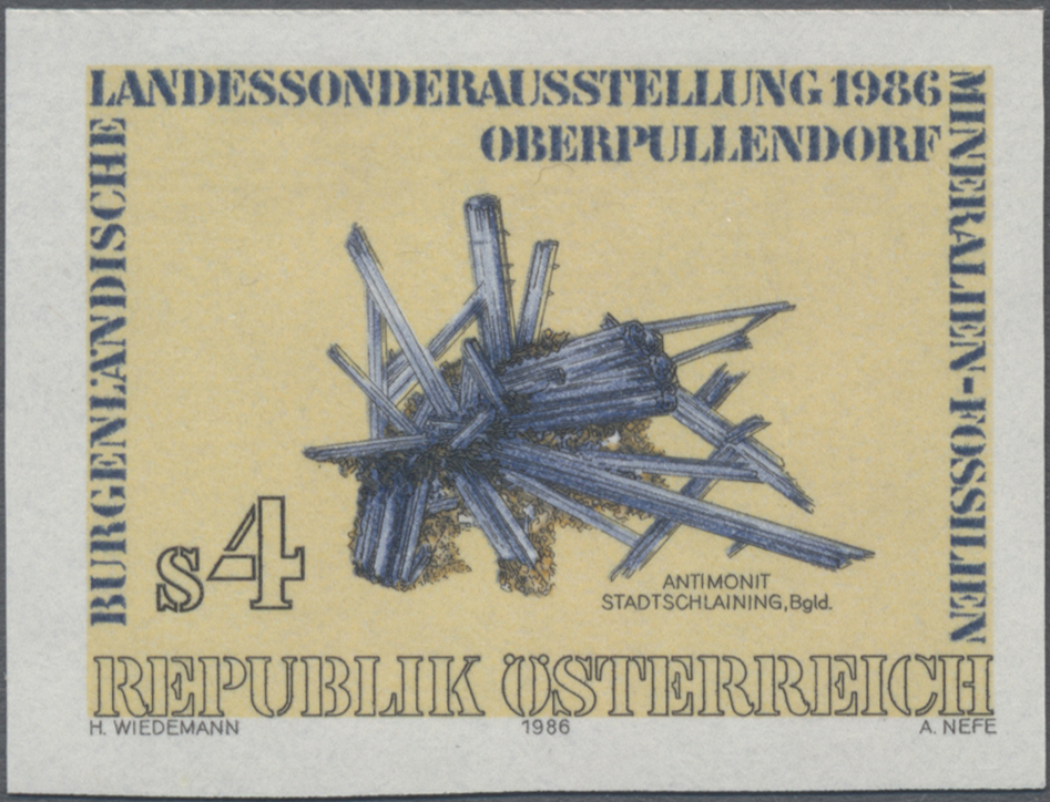 1986, 4 S, Burgenländische Landessonderausstellung in Oberpullendorf: Mineralien und Fossilien, Abbildung: Antimonit