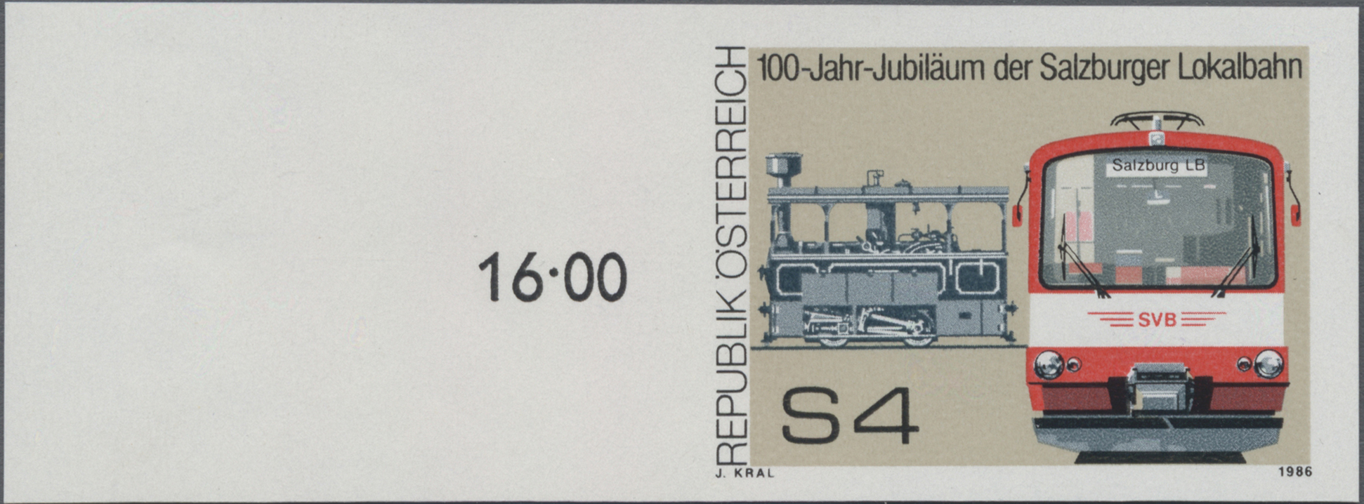 1986, 4 S, 100 Jahre Salzburger Lokalbahn, Abbildung: Dampftramwaylok (1886) und Gelenktriebwagen (1986)