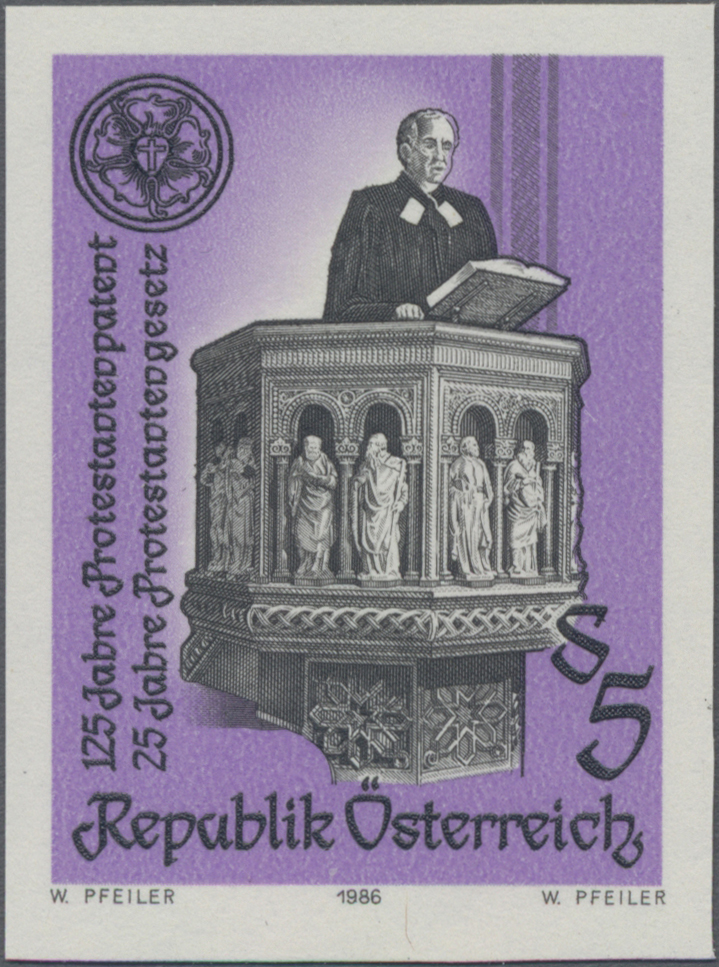 1986, 5 S, 125 Jahre Protestantenpatent, 25 Jahre Protestantengesetz, Abbildung: Evangelischer Pfarrer predigt von der Kanzel