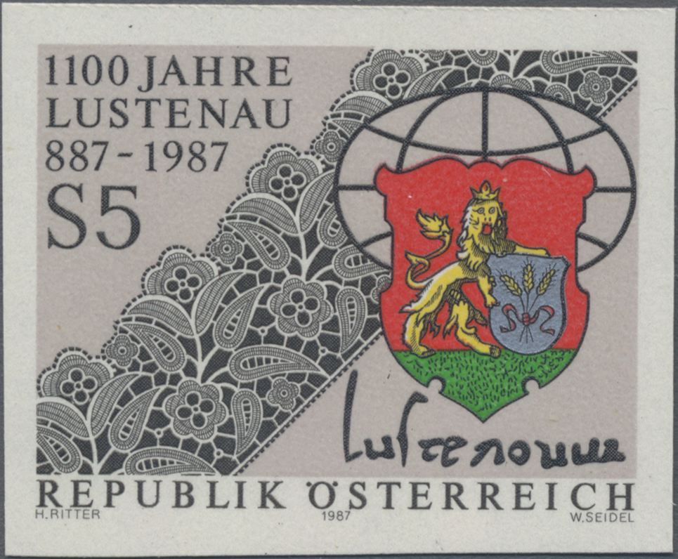 1987, 5 S, 1100 Jahre Marktgemeinde Lustenau, Abbildung Gemeindewappen und Stickereimuster
