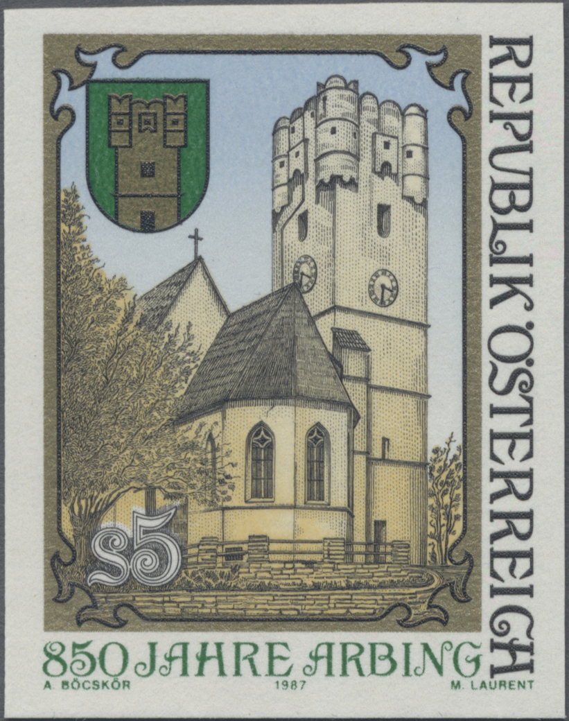 1987, 5 S, 850 Jahre Stadt Arbing, Abbildung: Pfarrkirche, Wehrturm und Stadtwappen