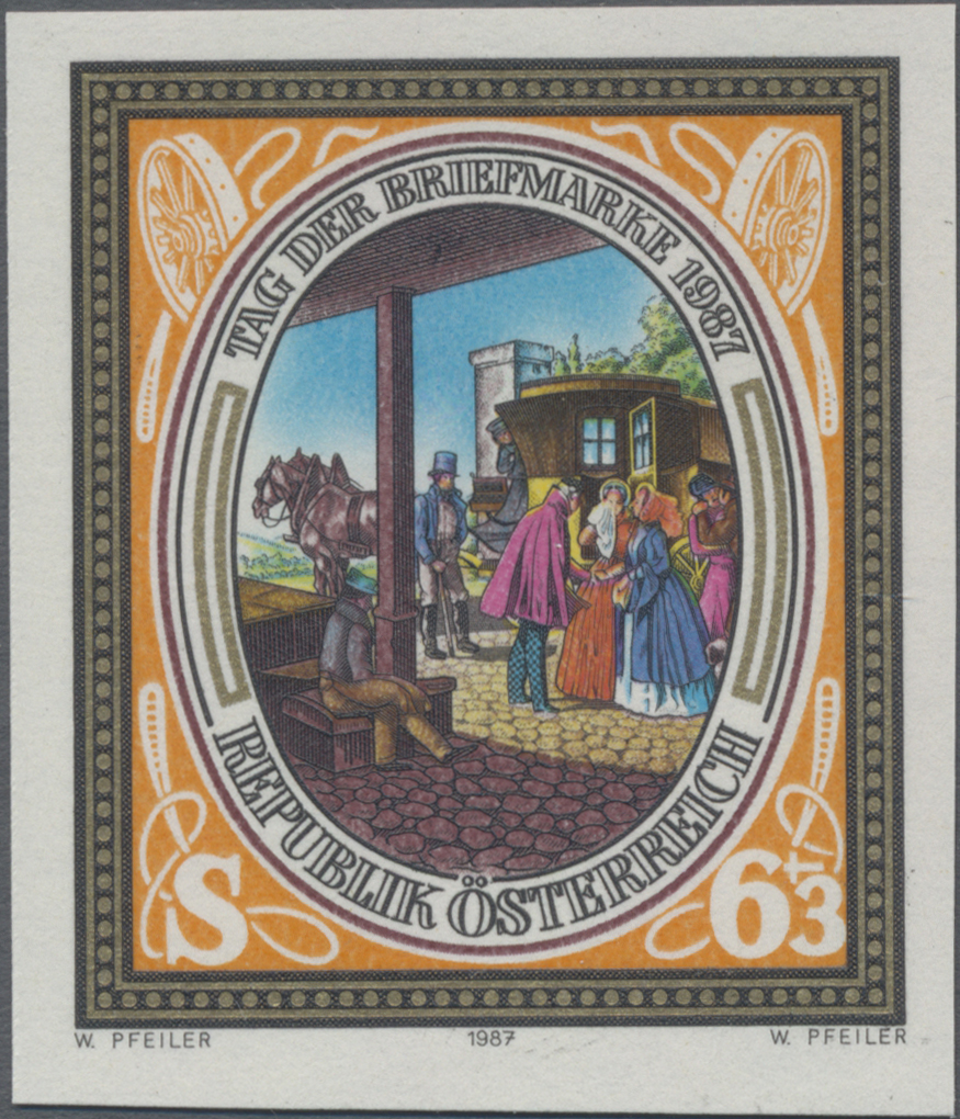 1987, 6 S + 3 S, Tag der Briefmarke, Abbildung: Der Postmeister, Lithographie von Carl Schustler (1811 - 1848)