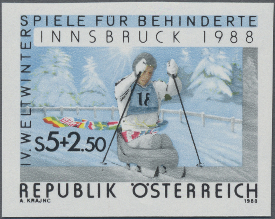 1988, 5 S + 2, 50 S, Winterspiele für Behinderte in Innsbruck, Abbildung: Querschnittgelähmter Sportler in einem Langlaufschlitten