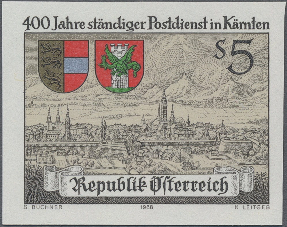 1988, 5 S, 400 Jahre ständiger Postdienst in Kärnten, Abbildung: Ansicht von Klagenfurth, Stahlstich von Matthäus Merian