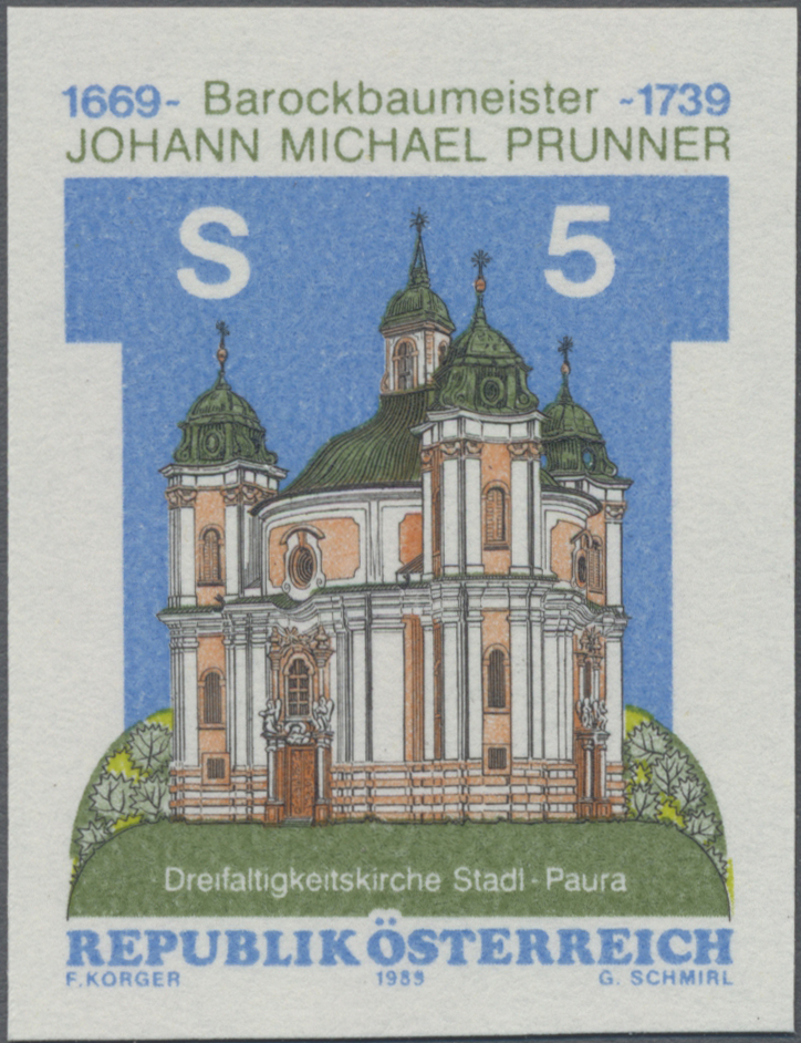 1989, 5 S, 250. Todestag von Johann Michael Prunner, Barockbaumeister, Abbildung: Dreifaltigkeitskirche in Stadl - Paura