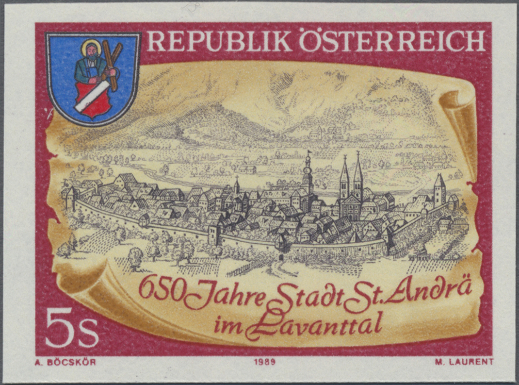 1989, 5 S, 650 Jahre Stadt St. Andrä im Lavanttal, Abbildung: Stadtansicht, Stadtwappen