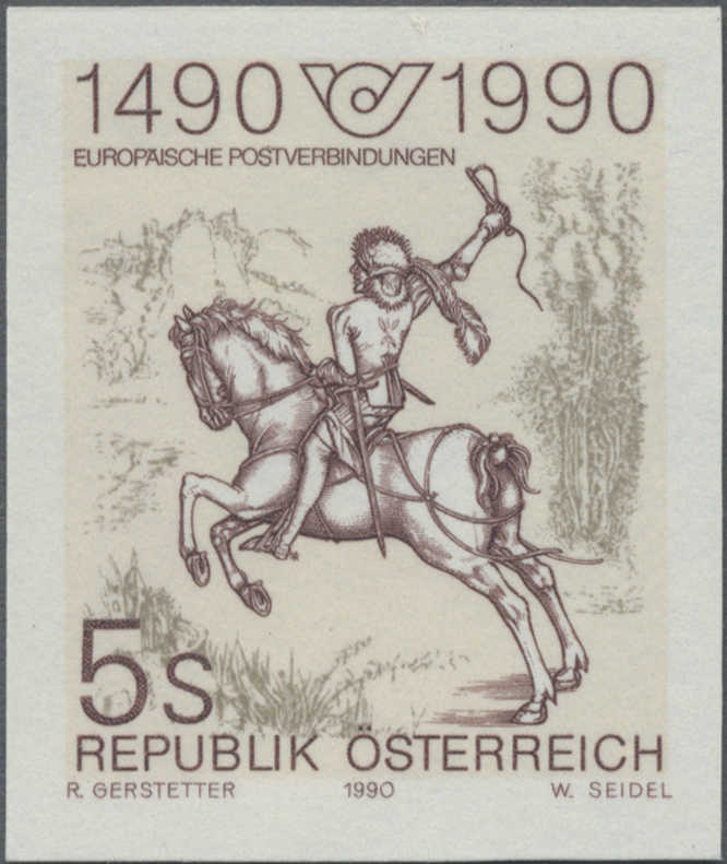 1990, 5 S, 500 Jahre Europäische Postverbindungen, Abbildung: Der kleine Postreiter (Detail), Stich von Albrecht Dürer (1471 - 1528) Motivgleiche Marken sind in der Bundesrepublik Deutschland, der DDR, West - Be