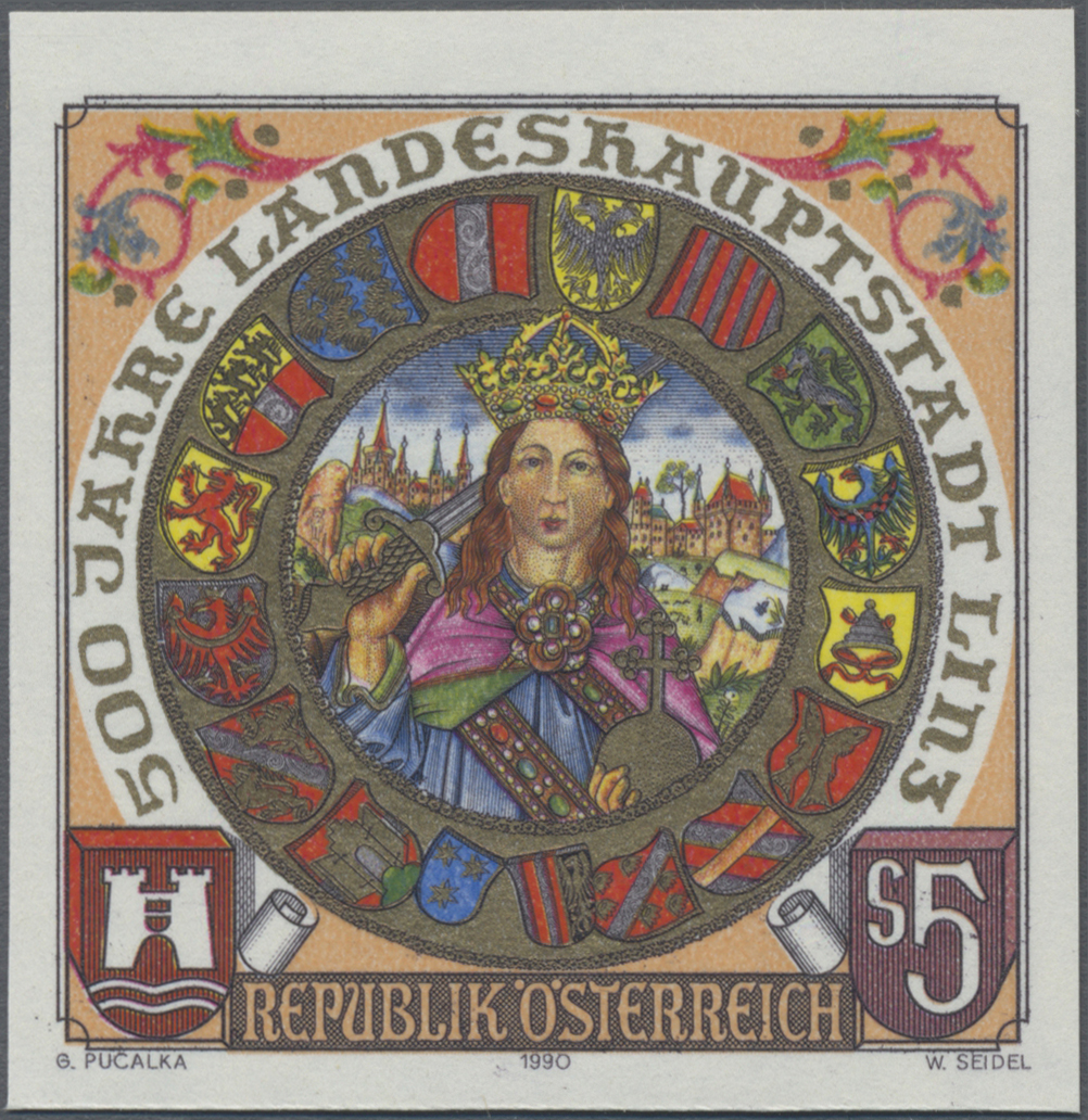 1990, 5 S, 500 Jahre Landeshauptstadt Linz, Abbildung Kaiser Friedrich III und Wappen, Pergamentminiatur aus dem Greiner Marktbuch von Ulrich Schreier (um 1490)