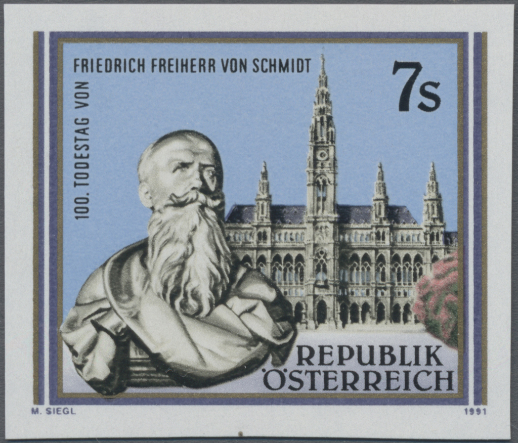 1991, 7 S, 100. Todestag von Friedrich Freiherr von Schmidt, Architekt, Abbildung: Wiener Rathaus