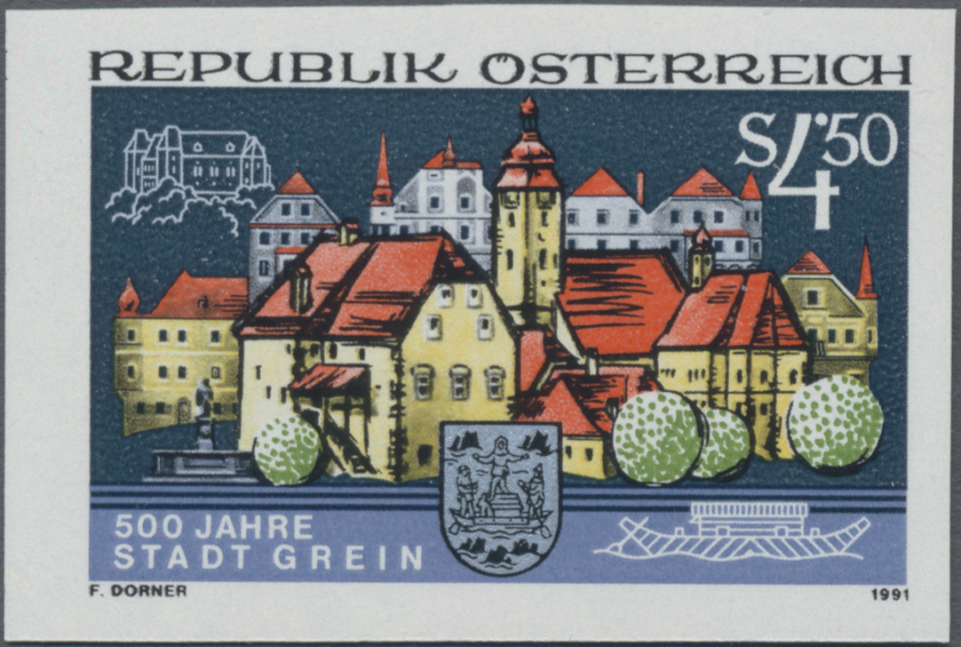 1991, 4, 50 S, 450 Jahre Stadt Grein, Stadtansicht, Wappen
