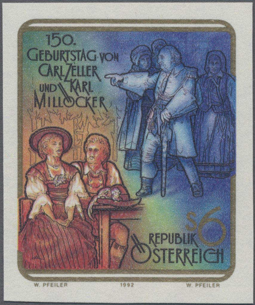 1992, 6 S, 150. Geburtstag der Operettenkomponisten Carl Zeller und Karl Millöcker, Abbildung: Szenen aus Der Vogelhändler und Der Bettelstudent